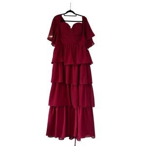 Plus Size 22W Burgundy Tiered Chiffon Formal Dress Bridesmaid - Prom Gown